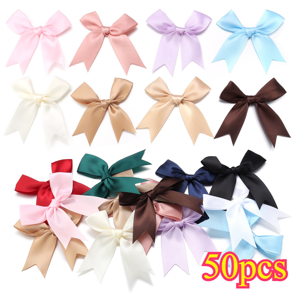 

50pcs Satin Ribbon Bows - Small Flower Gift Ties, DIY Craft Bows for Wedding, Birth Party, Baking Decorations (3.3"x3.3")