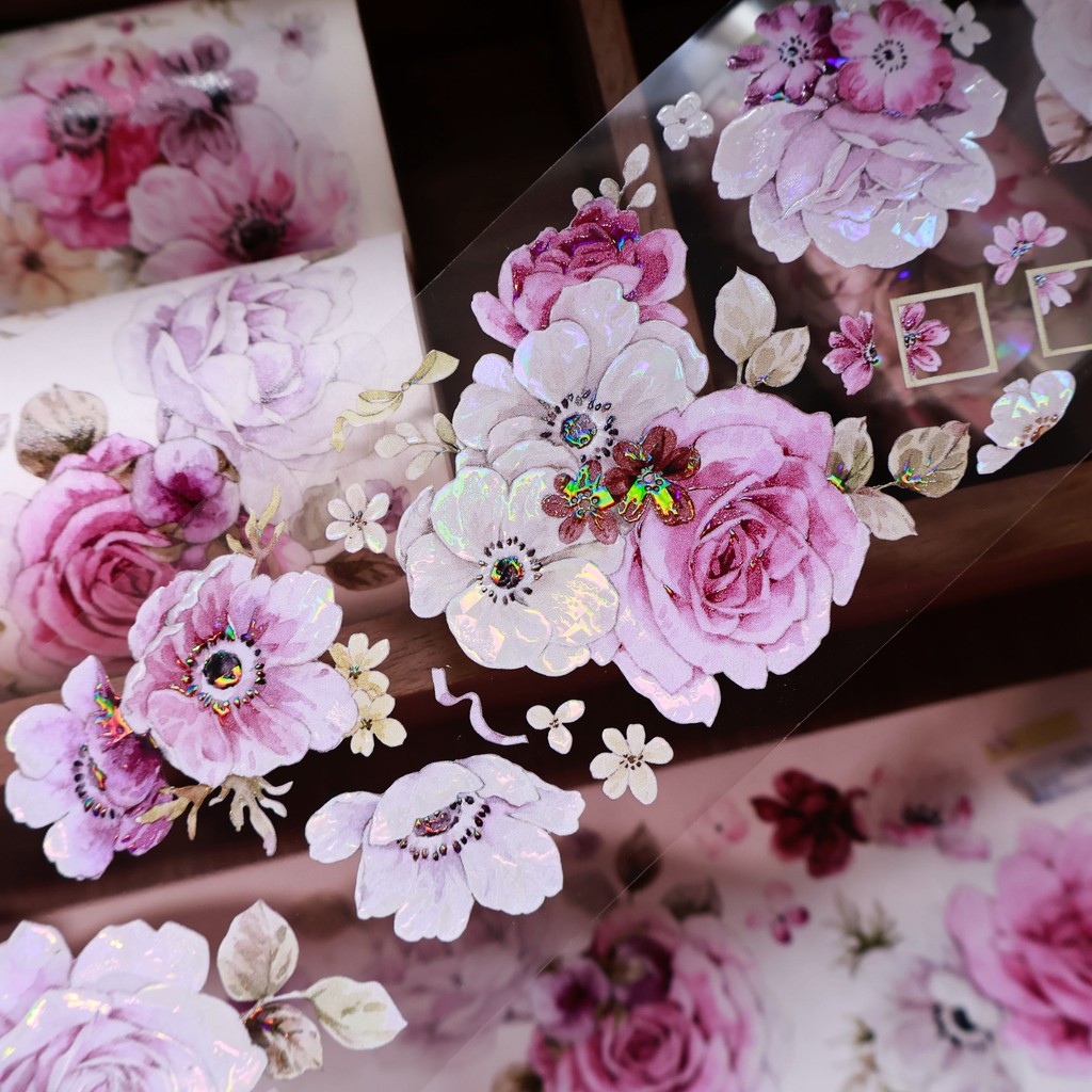 

YiEr Studio Vintage Pink Purple Rose Flower Washi PET Tape Planner DIY Card Making Scrapbooking Plan Decorative Sticker