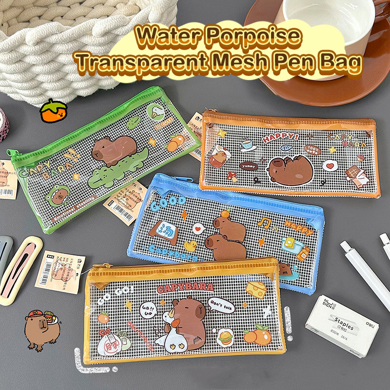 

Cute Capibala Grid Pencil Case Kawaii Transparent Pencil Bag Portable Travel Makeup Bag Stationery Storage