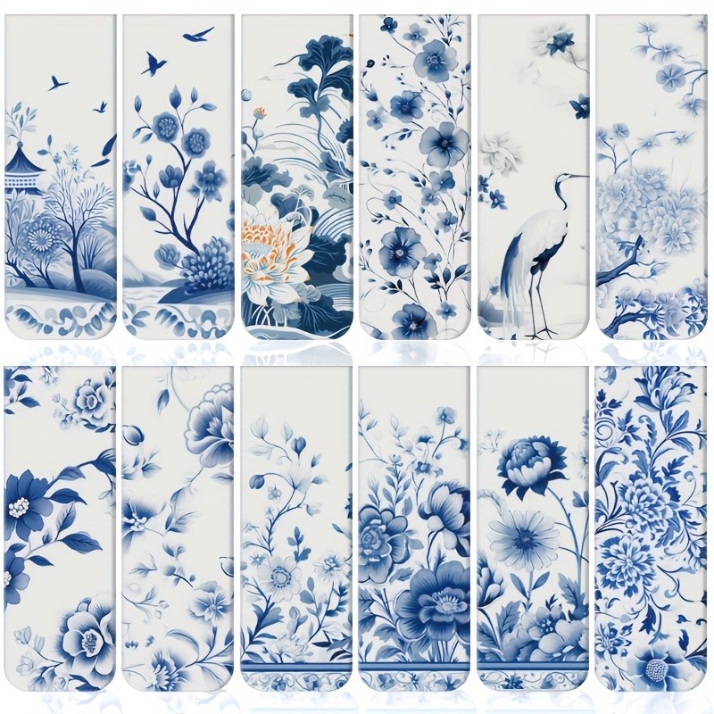 

12 pcs blue and white porcelain style magnetic bookmarks with various patterns, magnetic reading bookmarks, page clipping marker