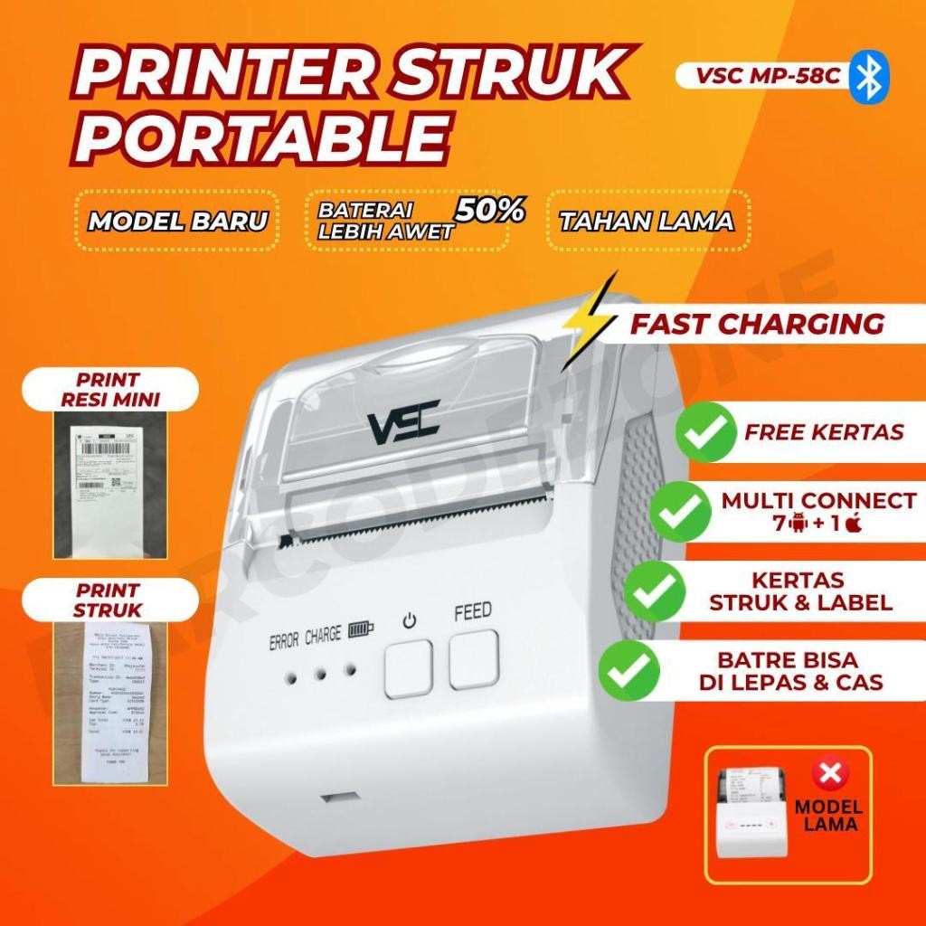 

PRINTER BLUETOOTH THERMAL VSC MP-58C 58mm SUPPORT FAST CHARGE /CHARGING - TYPE C -POWERBANK - PUTIH