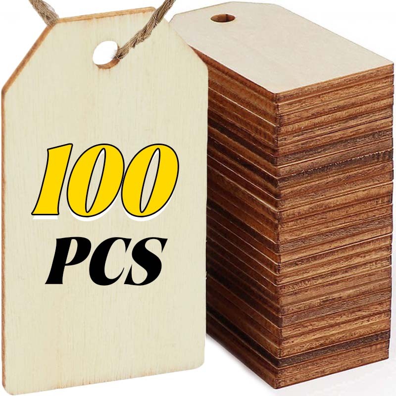

100pcs Blank Wooden Hanging Label Rectangle Nature Wood Tags With Rope DIY Making Craft Painting Key Chains Bag Pendants