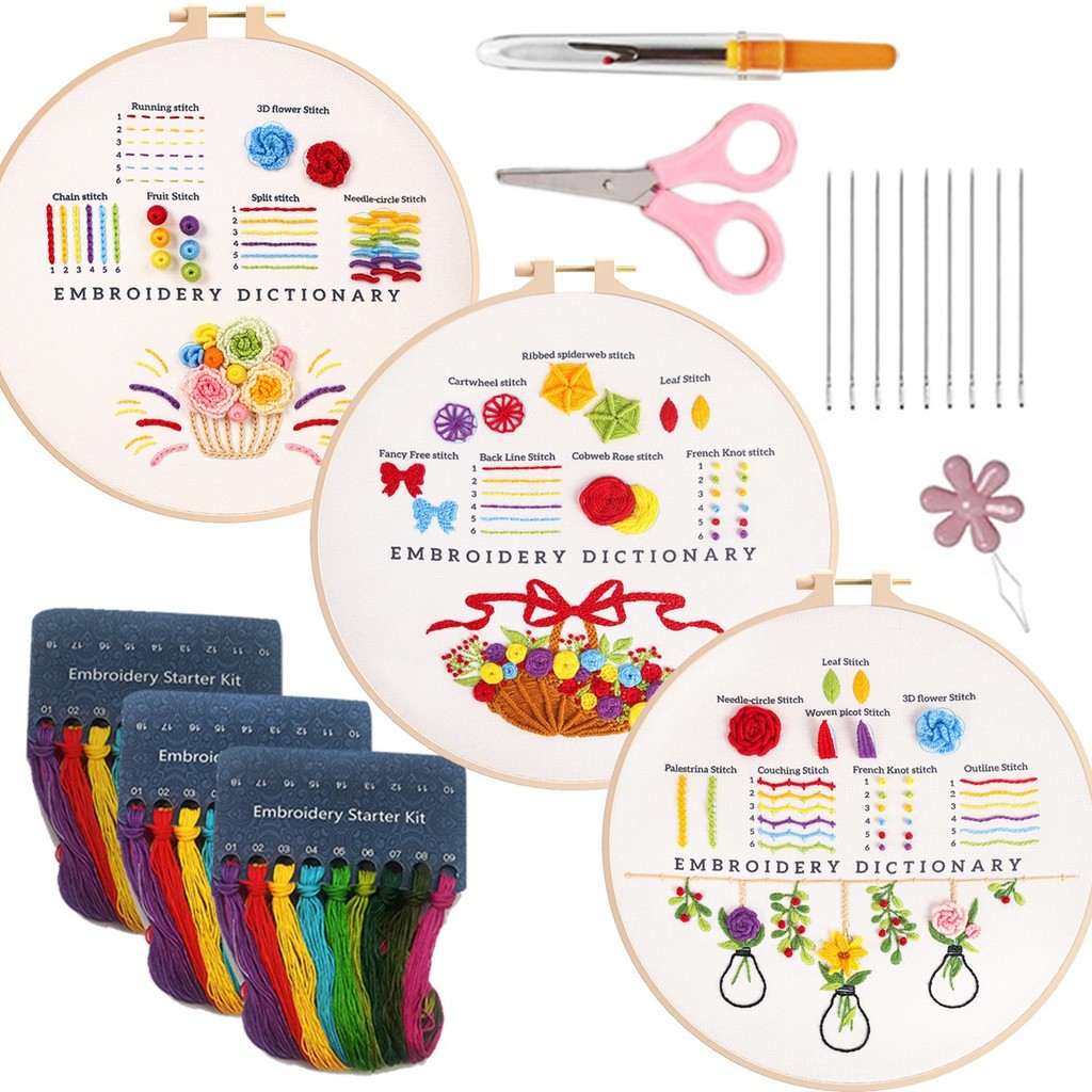

Embroidery tool Kit for Beginners & Adults Learn Stitches with Floral Patterns Complete DIY Kit with Hoop for Gifting