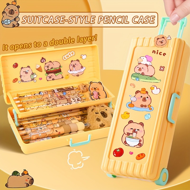 

Capybara 2-layer suitcase-style large-capacity pencil case, suitable for desk organization and back-to-school stationery storage