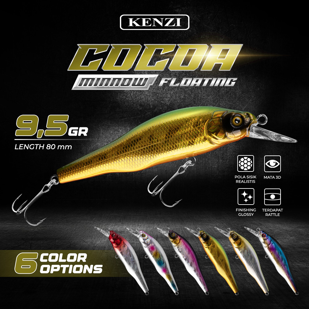 Umpan LURE KENZI COCOA 80mm 9.5gr - MINNOW FLOATING Realistik Umpan Pancing Tiruan Ikan Lures Tajam 