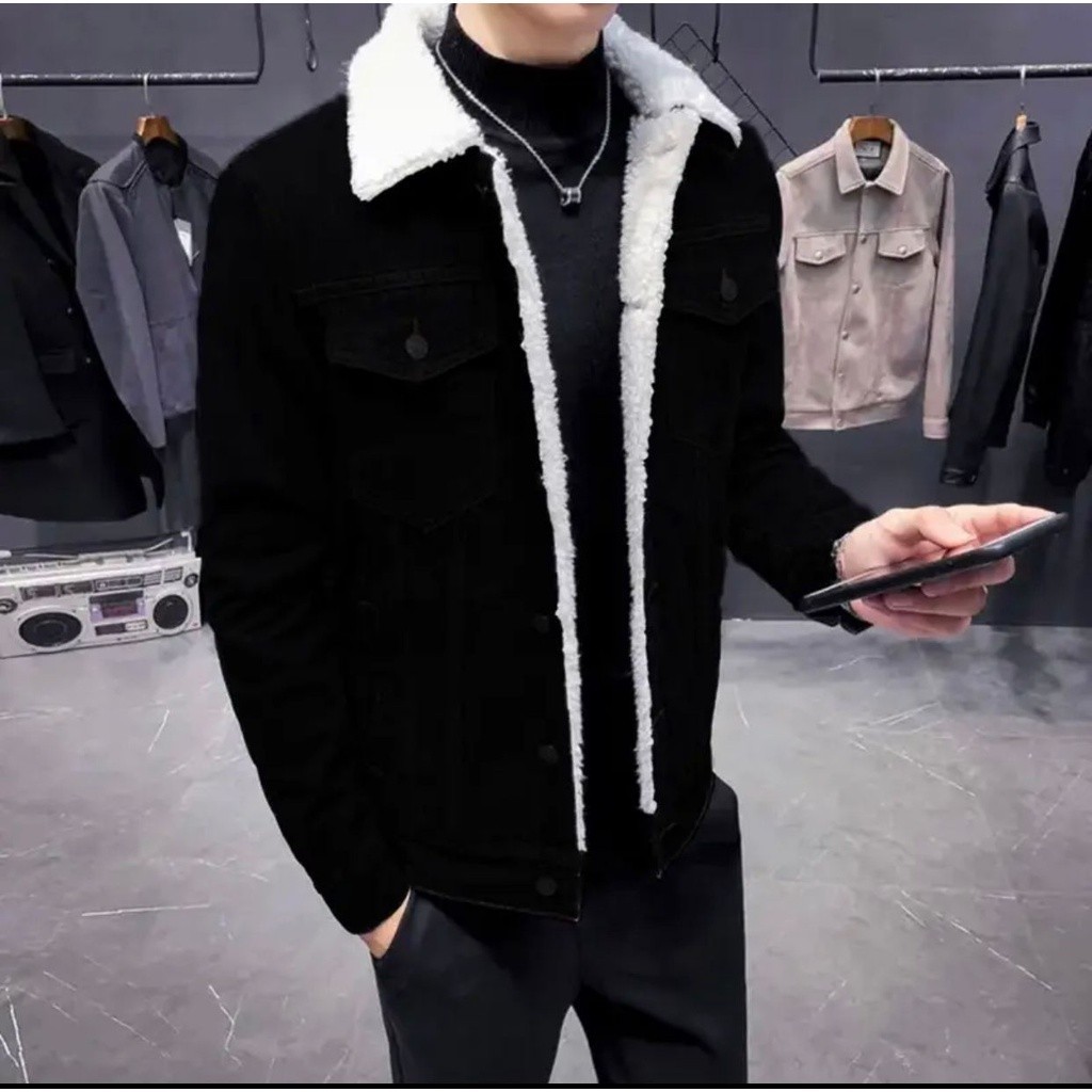 JACKET JEANS SHERPA JACKET DENIM BULU PRIA DAN WANITA TERLARIS BIKER DILAN SHERPA