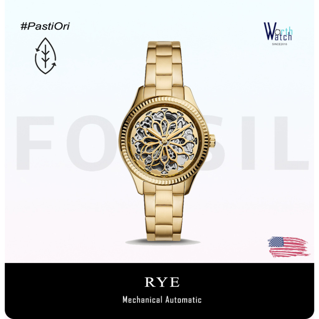 Jam Tangan Wanita Otomatis Mewah Rye Automatic Skeleton Dial Gold Stainless Steel Bracelet  BNIB 36m