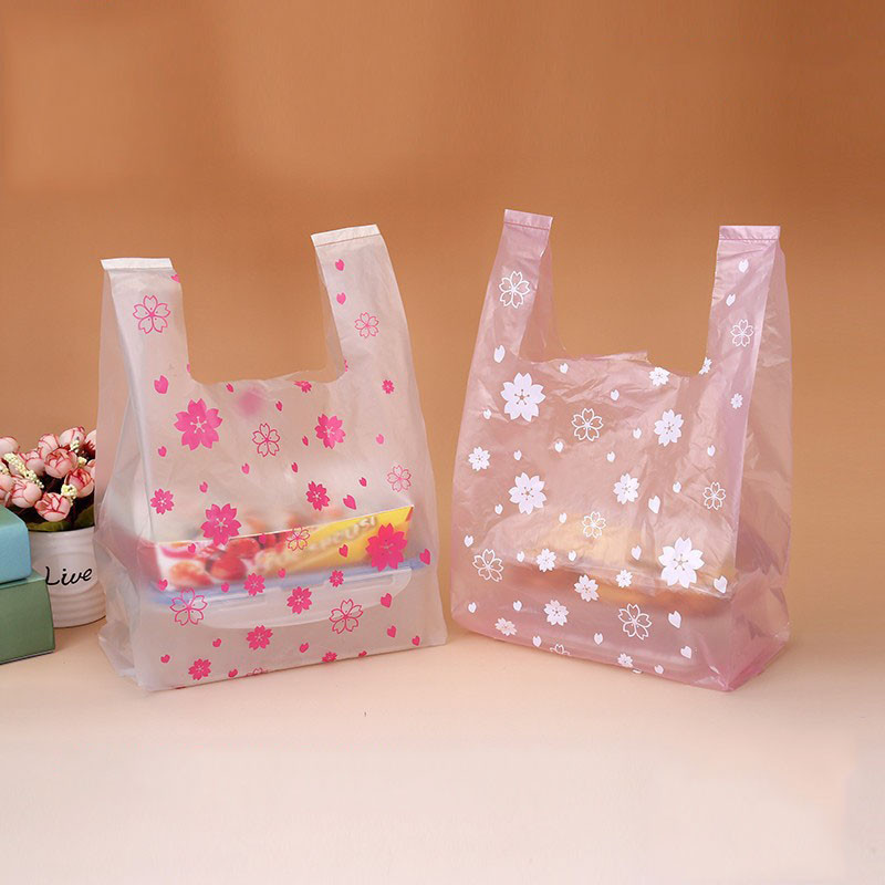

50/100 Pcs Sakura Plastic Bag with Handle 4 Sizes Fresh-keeping Candy Wedding Cartoon Gift Shopping Kitchen Storage Organization