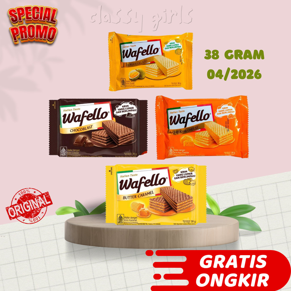 

WAFELLO ITALIAN 38 GRAM ADA 4 VARIAN RASA ( DURIAN GELATO, CHEDDAR CHEESE, COKELAT, CARAMEL )