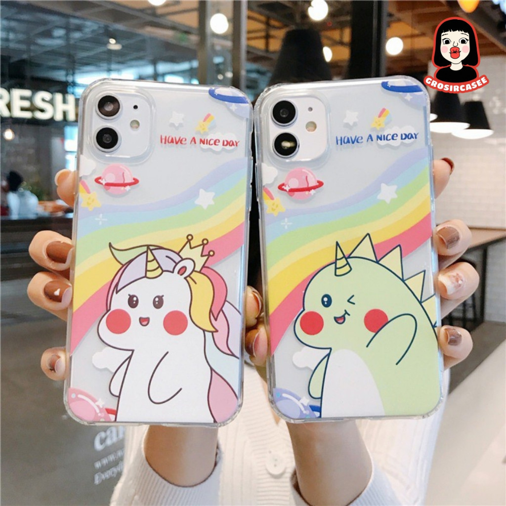 dino couple unicorn clear anticrack case printing realme c55 redmi 12c note 12 samsung a24 m14 a34 a
