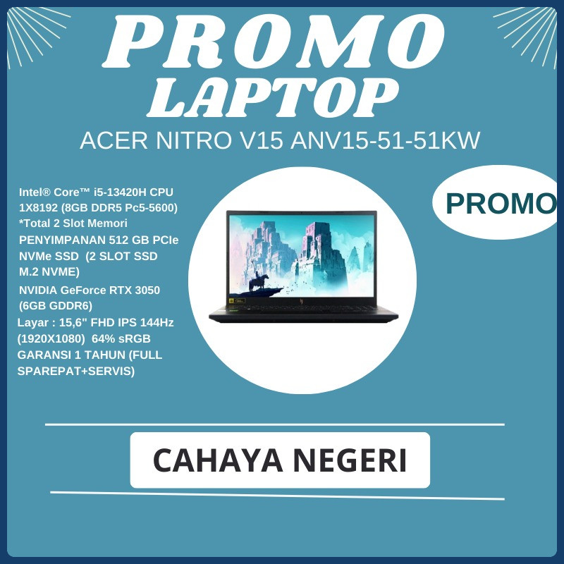 PROMO LAPTOP GAMMING Acer Nitro V15 Intel i5-13420H NVIDIA RTX 3050 THUNDERBOLT 4 + TAS TYPE Acer Ni