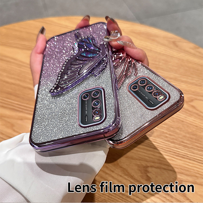 Phone case casing Vivo V19 V17 V15 V11i V9 Back cover with diamonds butterfly holder Stand shiny tra