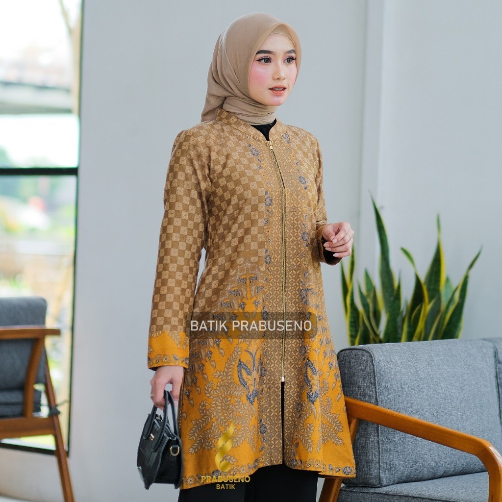 YODHAMAS DOBBY Motiv  Batik Prabuseno Atasan Tunik Wanita Elegan Lengan Panjang Lapis Furing Trikot 