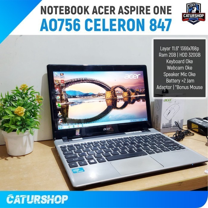 Notebook Laptop Acer AO756 Intel Celeron 847 Ram 2GB HDD 320GB Normal