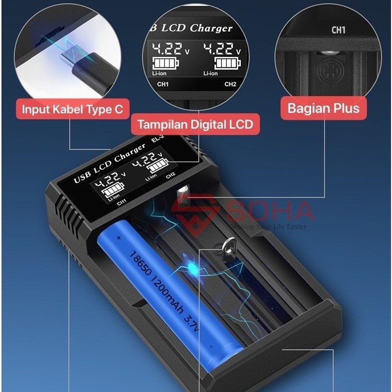 CHB-011 Charger Baterai Cas Baterai AAA AA 18650 Indikator Digital LED Status Baterai Volt dan Amper