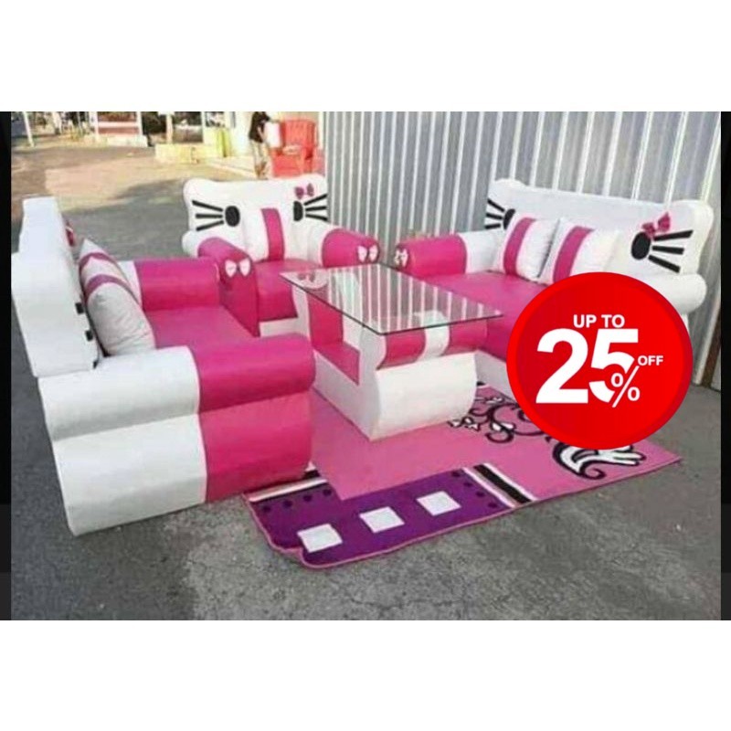 sofa ruang tamu sofa keluarga motif hello kityy + meja