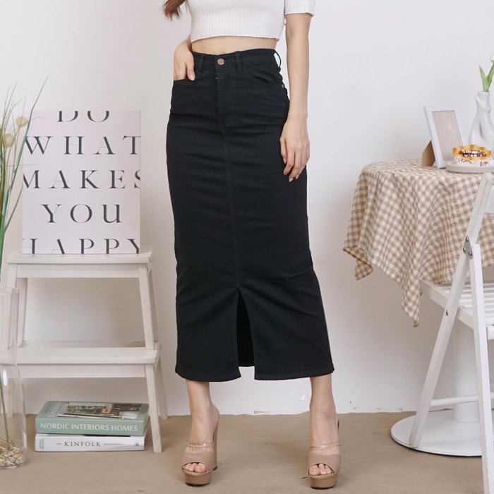 Rok Jeans 7/9 Span Panjang Midi Skirt Wanita Slit Depan Korean Style - Hitam, Size 32