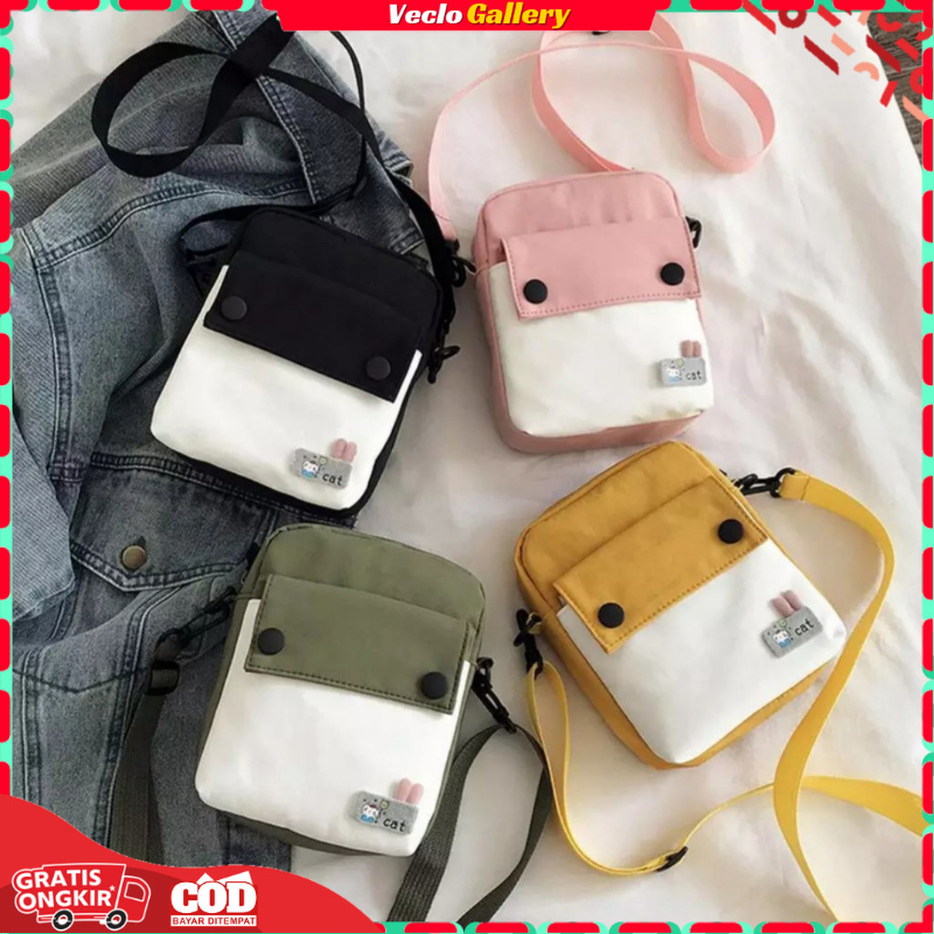 Tas Selempang Wanita Desain Cute Mini Cat Tas Fashion Korean Bahan Kanvas