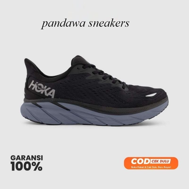 Sneakers Hoka Clifton 8 Black Grey Original - Sepatu Hoka Running - Hitam Abu - Sepatu Hoka Original