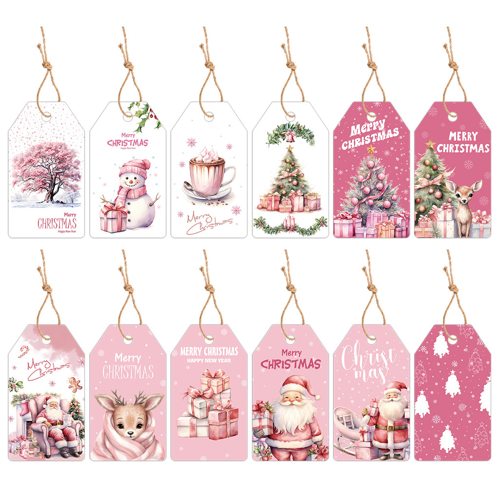 

48pcs Christmas Pink Hanging Tags With Rope Santa Claus Deer Merry Xmas Paper Labels For Party Decor DIY Gifts Wrapping Supplies