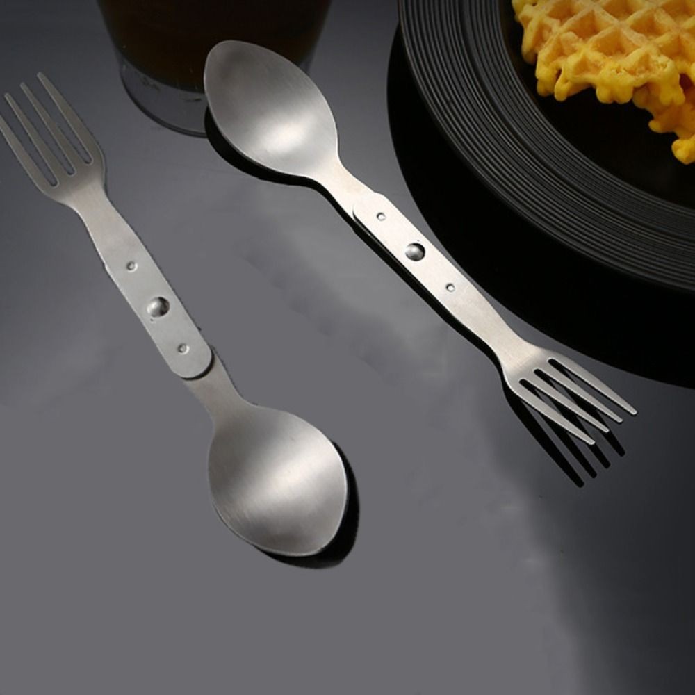 

304 Stainless Steel 2-in-1 Foldable Fork Tableware Portable Silver Spoon & Fork Space-saving Camping Spoon Outdoor