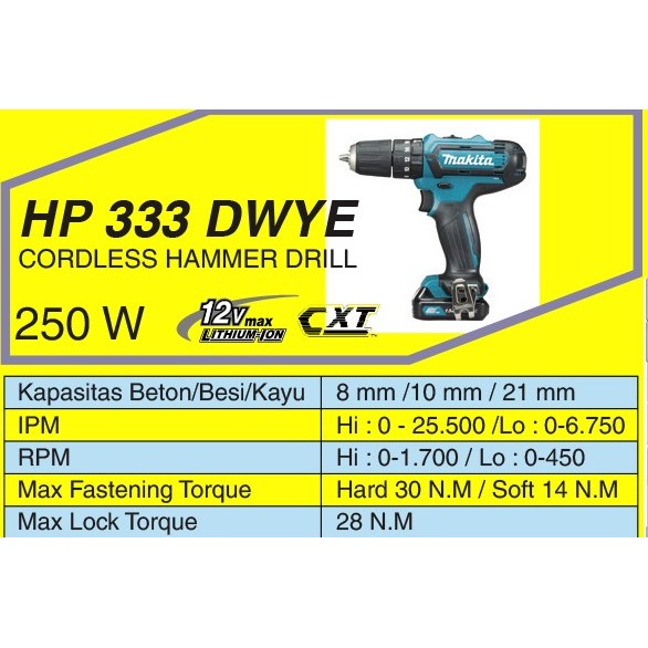 MAKITA HP 333 DWYE BOR BATERAI CORDLESS