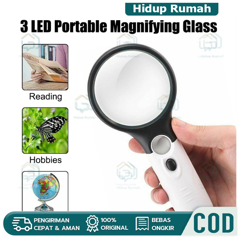 

3 LED Membaca Magnifying Glass Kaca Pembesar LED 2in1 Pembesar Dengan Lampu