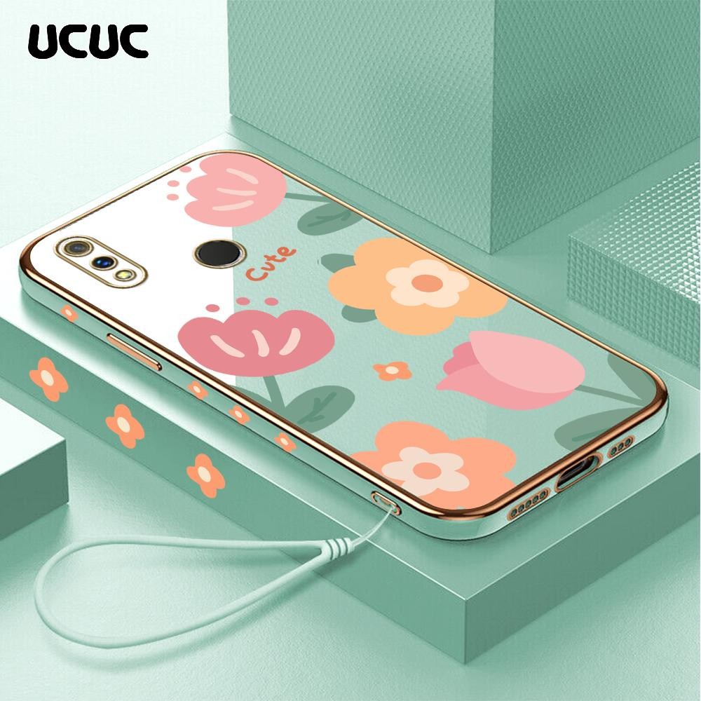 UCUC Realme 3 Pro (Lanyard Gratis) Untuk Casing Hp Softcase Kesing Cartoon Square Edge Pattern Desig