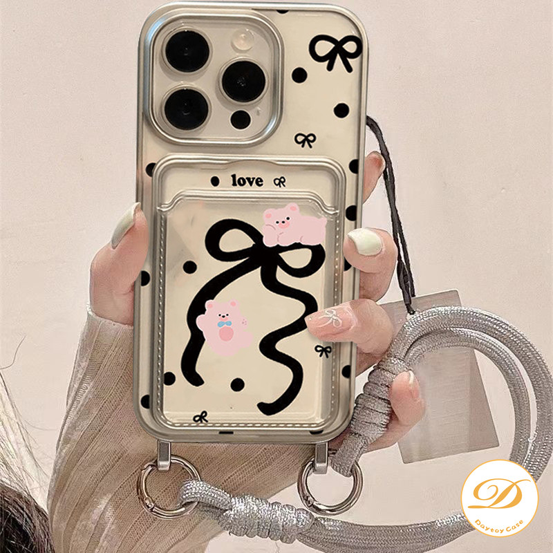 Casing Tempat Kartu Kredit Beruang Simpul Pita Lucu dengan Tali Penyandang Kompatibel untuk iPhone X