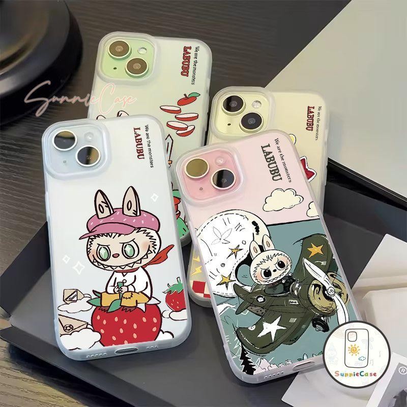Lembut Merek Trendi Pop Mart Labubu Label Kartun Mewah Lubang Besar Buram Casing Kompatibel Untuk IP