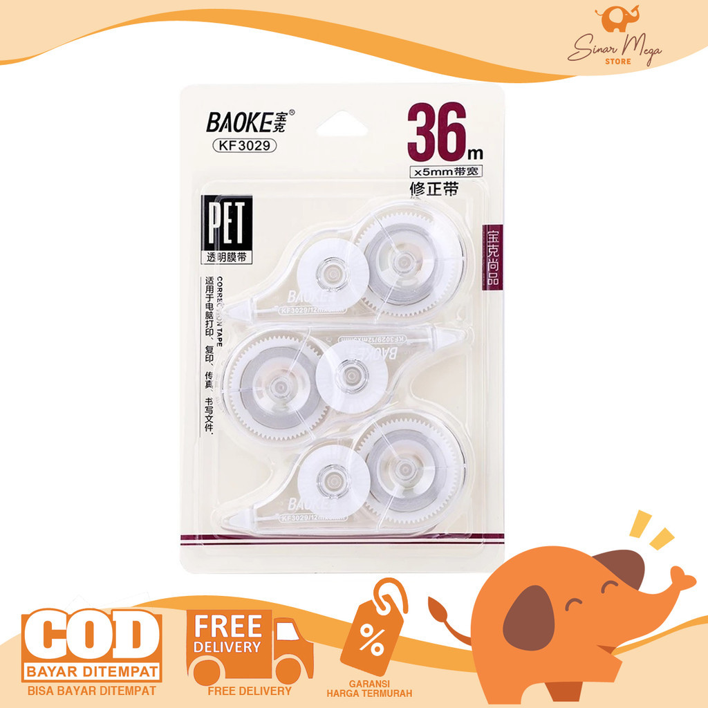 

BaoKe Correction Tape (isi 3) KF3029 SET ISI 3 Transparant / Pita Koreksi 5m - Tip-Ex Kering Murah Berkualitas
