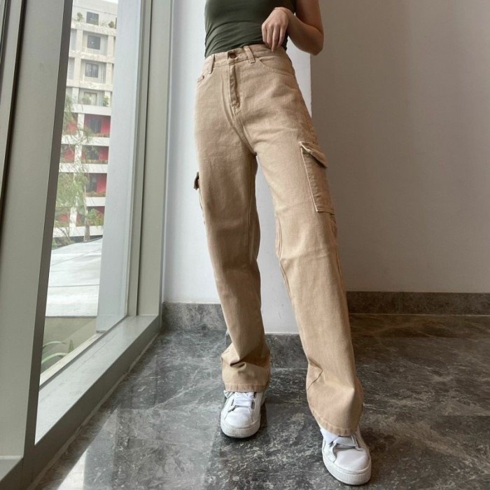 MURAH✨ - CELANA CARGO HIGHWAIST LOOSE JEANS WANITA WARNA CREAM & HIJAU - Magnum, 30
