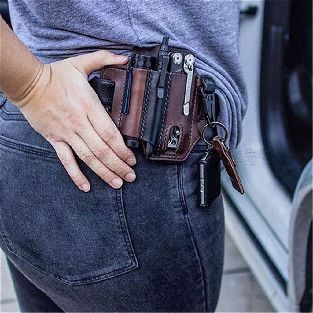 Sabuk Holster Kulit Taktikal Multifungsi Tas Pinggang Penyimpanan Kantong Saku Sarung Pena Pisau Sen