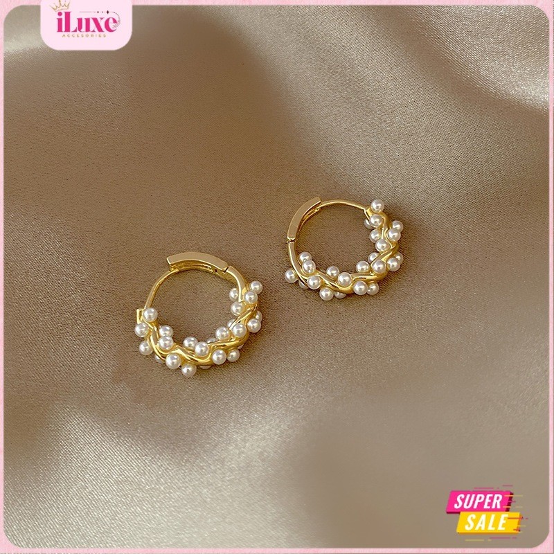 COD Anting Model Hoop Mutiara Titanium Anting Karat Wanita Korea warna Emas Perhiasan Emas