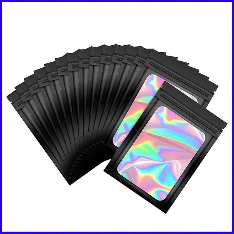 

50pcsThick Smell Proof Mylar Bags Holographic Laser Color Plastic Packaging Pouch Jewelry Retail Storage Pouch Gift Zip Lock Bag