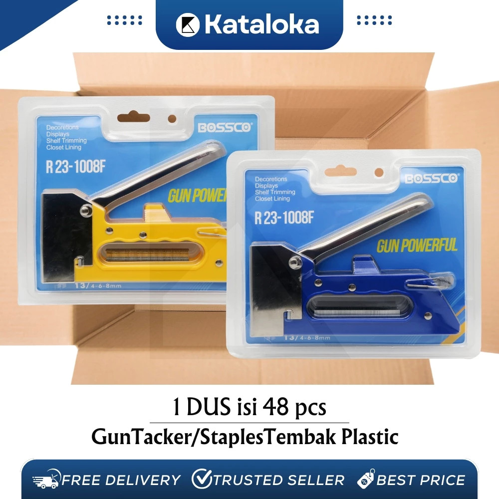 

KATALOKA Grosir 1 dus isi 48 PcsStaples Tembak Gun Tacker BOSSCO plastik + Isi atau Refil 13/8 Stapler Staples | Stepler Tembak BOSSCO | Stepler Gun BOSSCO | Stapler Tembak | Stapler Gun