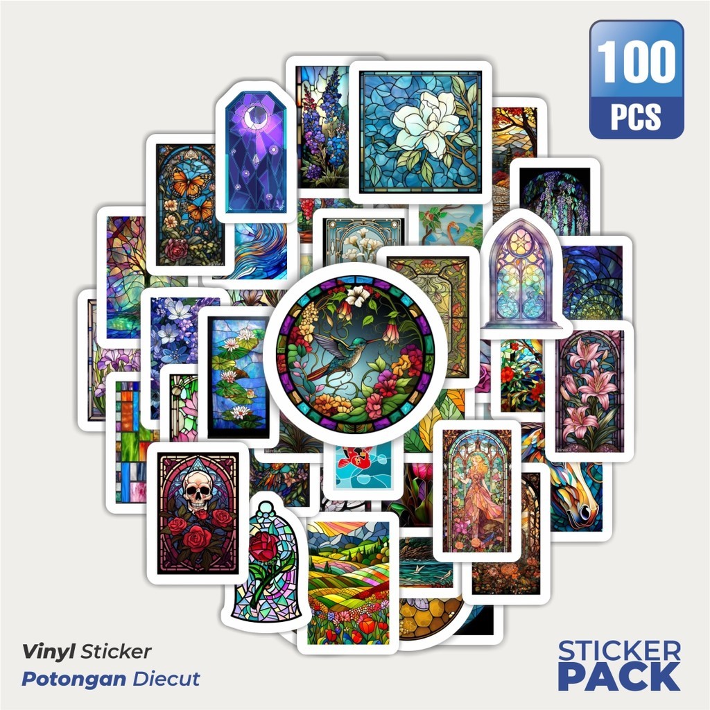

MURAH 100 PCS Stiker Colorful Glass Art (Seni Kaca Patri Berwarna).Waterproof Aesthetic- Untuk Laptop, Motor, dan Helm - Paper Stationery Pack