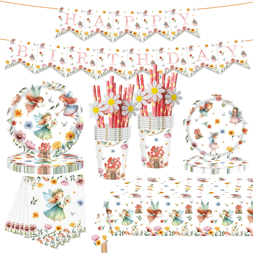 

Fairy Party Decoration Disposable Tableware Paper Plate Cup Napkin Tablecloth Girl Spring Fairy Garden Birthday Party Supplie