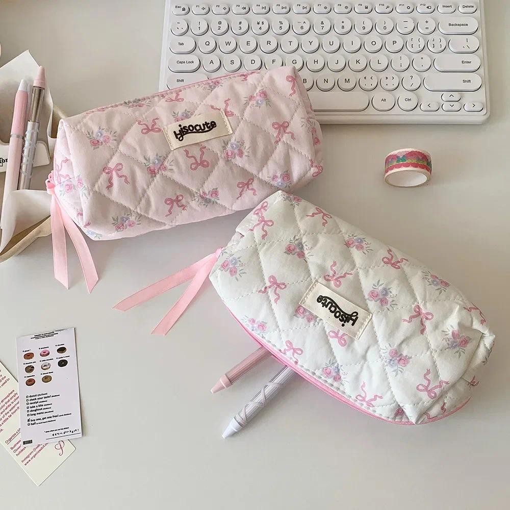 

INS Korean Cute Sweetheart Bow Pencil Case Aesthetic Portable Girl Makeup Bag Pouch Stationery Organizer Kawaii School Supplies