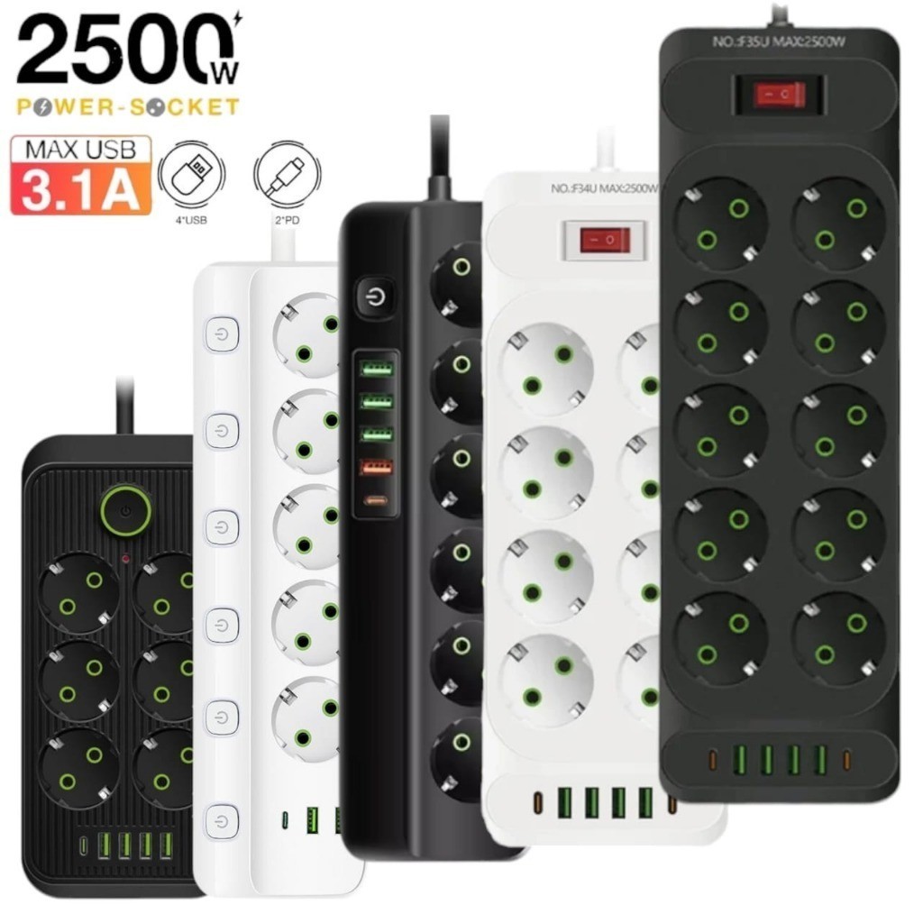 Stop Kontak USB Type C Terminal Sambungan Anti Panas 10A 250V 2500W 3 4 6 8 10 Lubang Steker Saklar