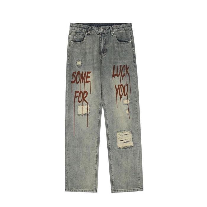 Jeans Sobek Wanita Jeans Lurus Celana Jeans Motif Huruf American Street Style Highwaist Straight Leg