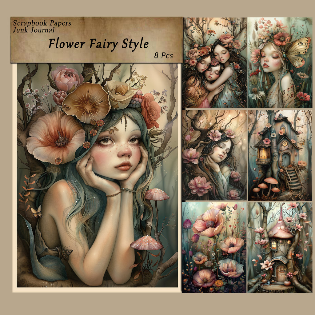 

8 Sheets Flower Fairy Theme Scrapbook Paper Vintage Style Scrapbooking Supplies For Craft Paper Journal Card Making