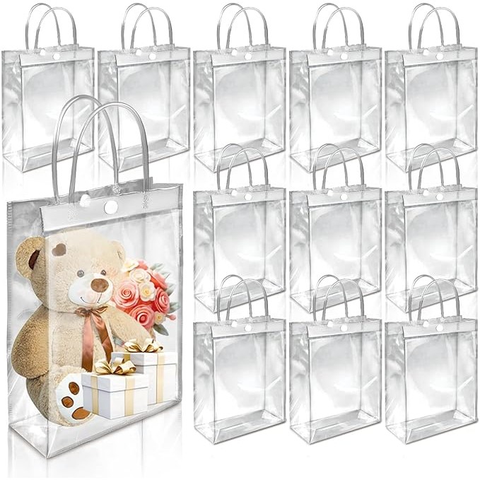 

10pcsWith Button Hand Loop Clear Plastic Handbag Cosmetic Bag Transparent Soft PVC Gift Tote Packaging Bags For Wedding Party