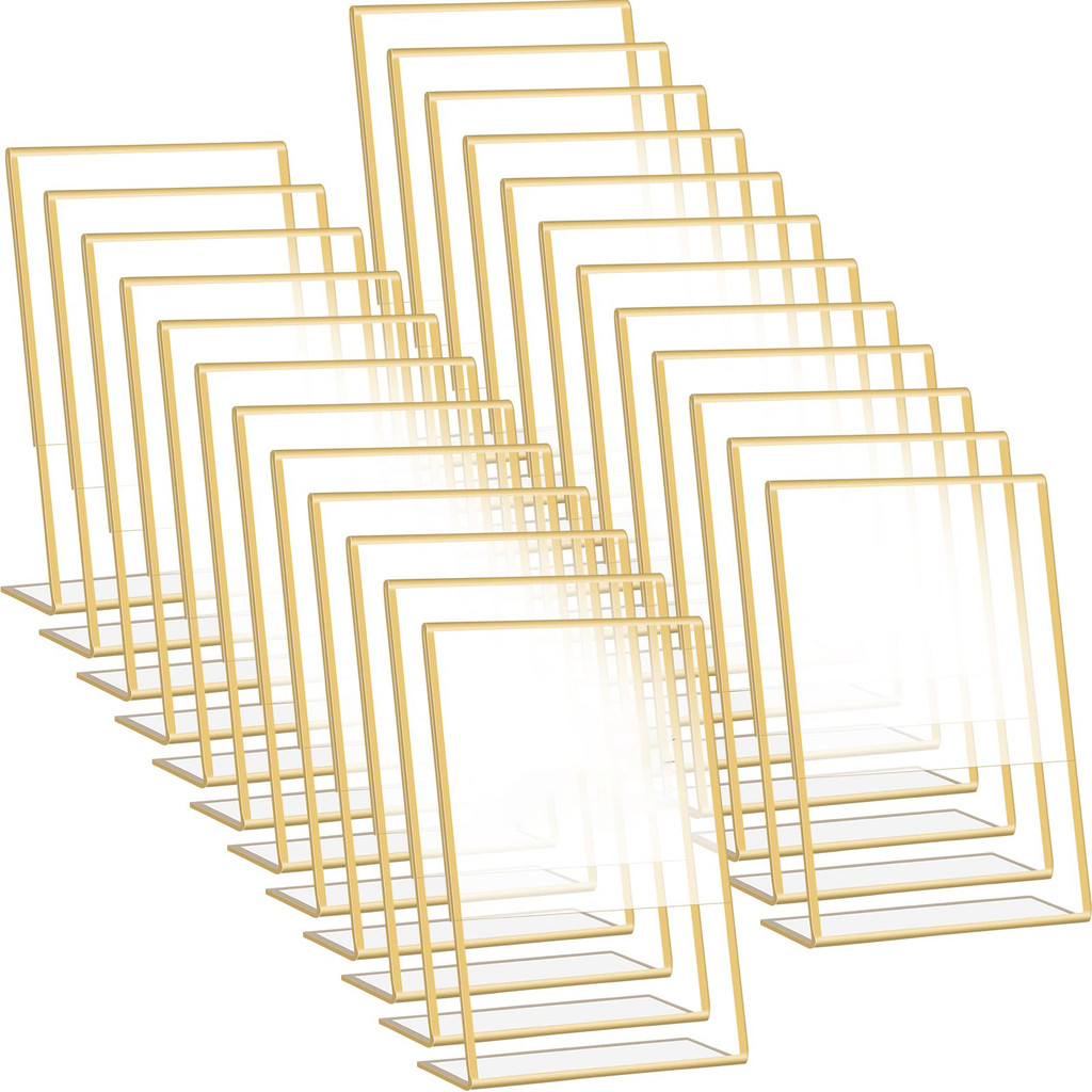 

Gold Borders Acrylic Sign Holder Picture Frame Display Stand Clear Paper Holder Table Menu Stands for Wedding Office Restaurant