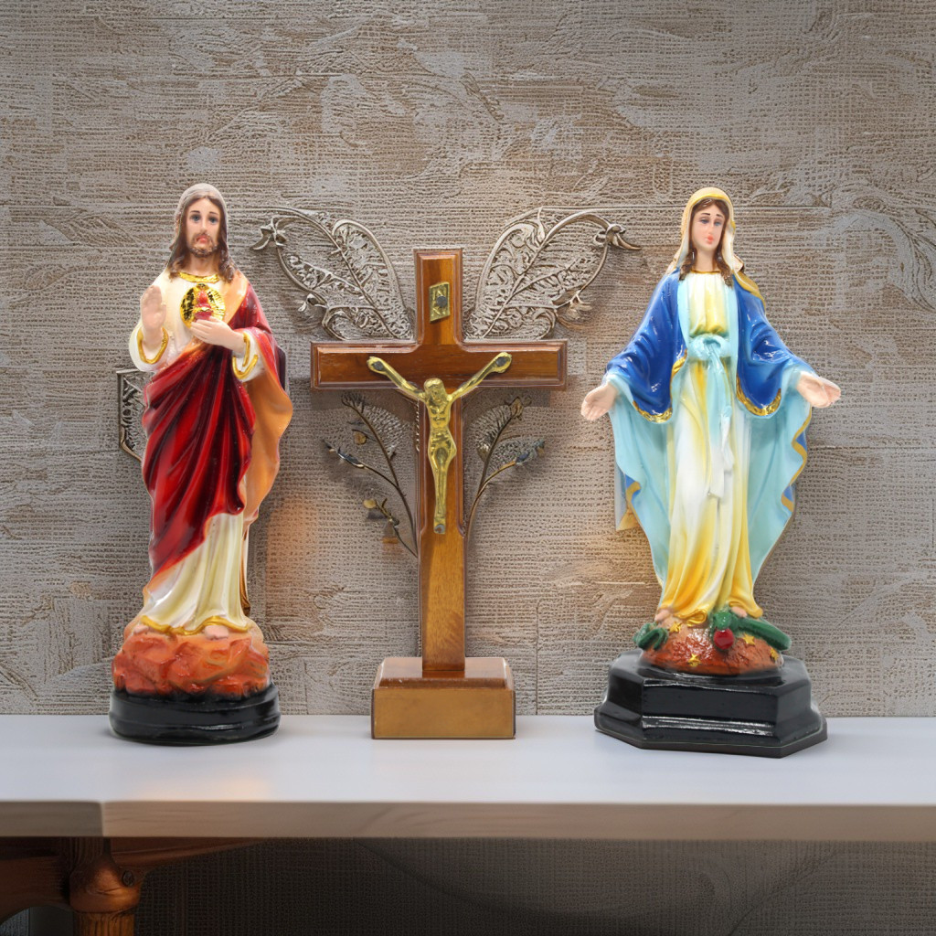 SET PATUNG MARIA DAN YESUS + SALIB DUDUK KATOLIK / PATUNG BUNDA MARIA DAN YESUS / SET DOA KATOLIK