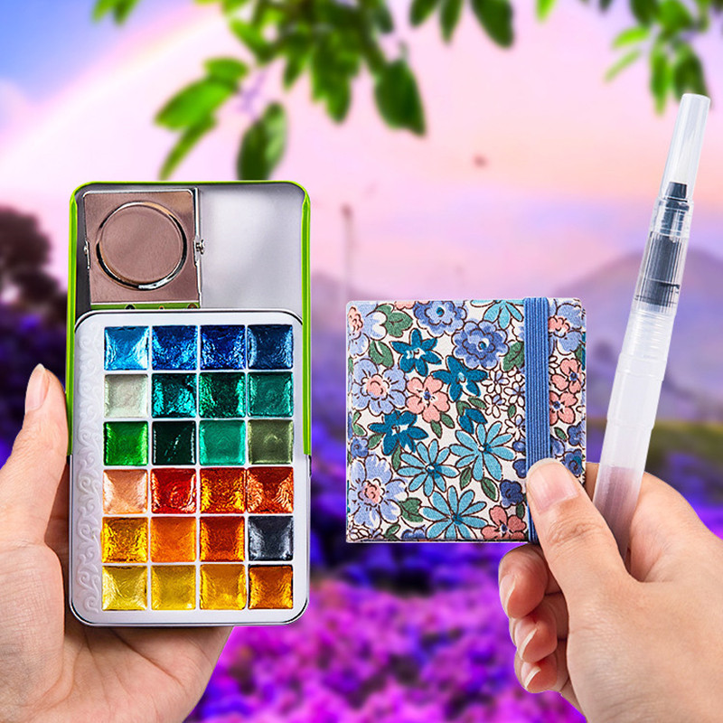 

Artists Watercolor Paint Set 1ml 24Colors Watercolor Coloring Book Fountain Pen Kit Metallic Solid Glitter Pearlescent Pigment