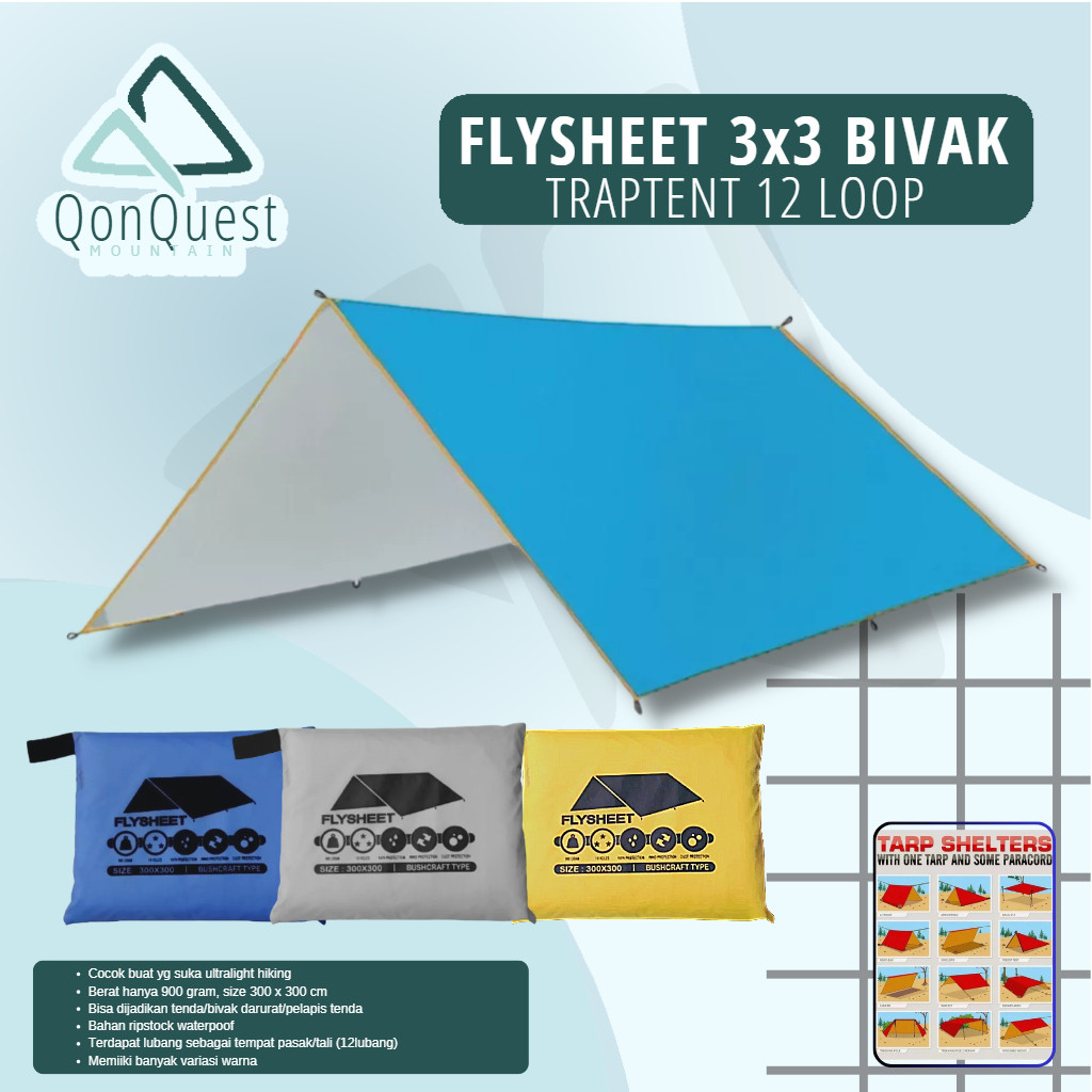 flysheet 3x3 bivak traptrent - terpal tenda 3x3 - flysheet 3x3  - flysheet 3x3 19 loop - flysheet 3x