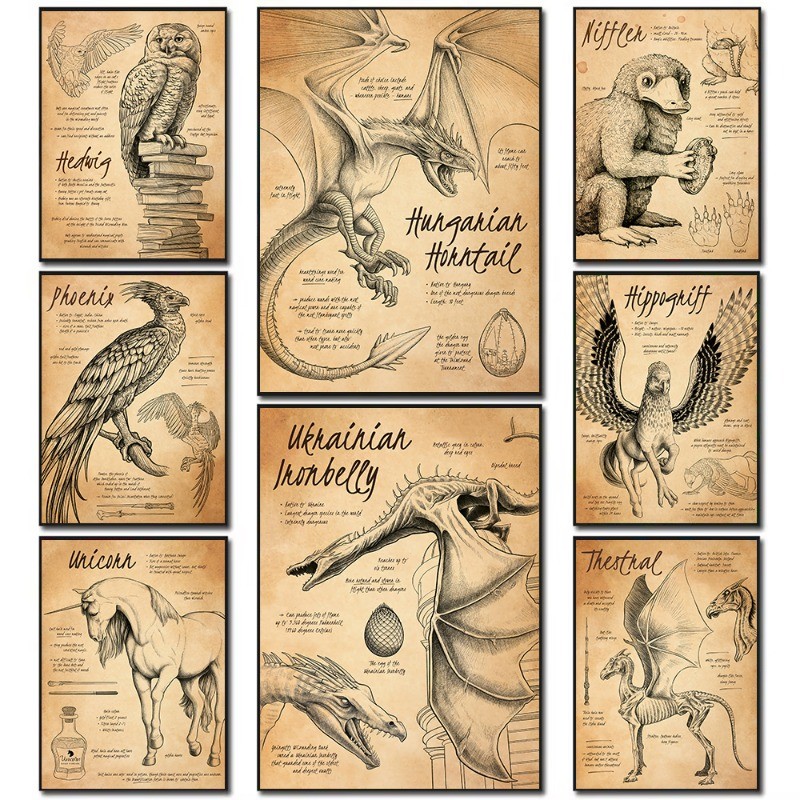 

Fantastic Beasts Dinosaur Unicorn Animal Creation Illustration Poster Vintage Game Fantasy Art Canvas Painting Wall Home Decor