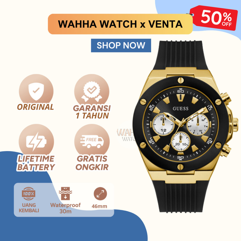 Jam Tangan Analog Guess Pria GW0057G1 Poseidon Men Black Dial Black Silicone Strap [BERGARANSI]