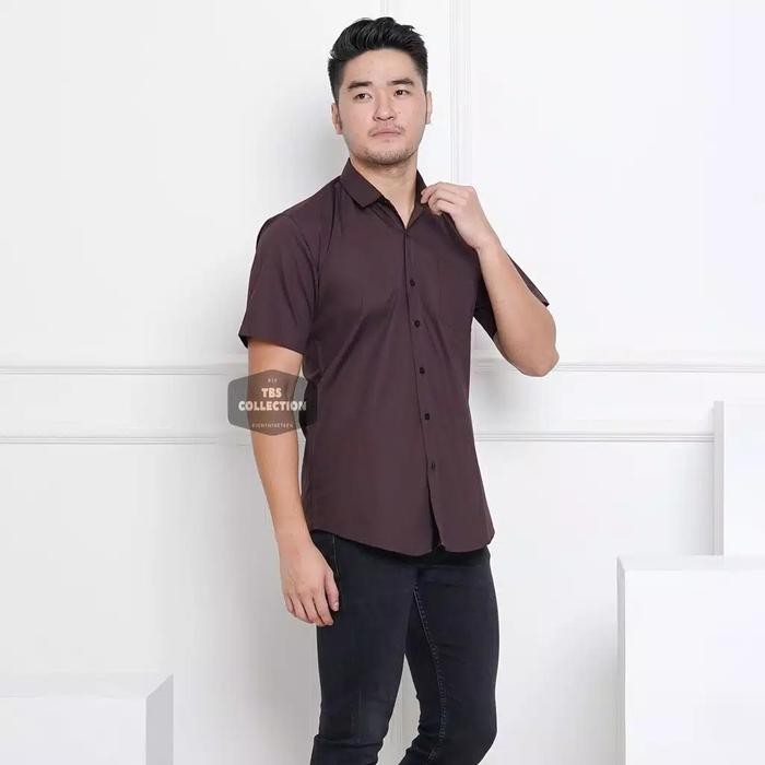 Kemeja Pria Lengan Pendek Coklat Polos Slimfit Cowok Casual Kantor - M